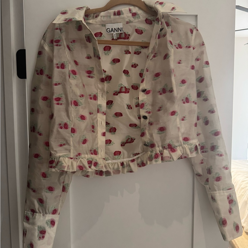 Ganni Cream Blouse with Red Floral Design